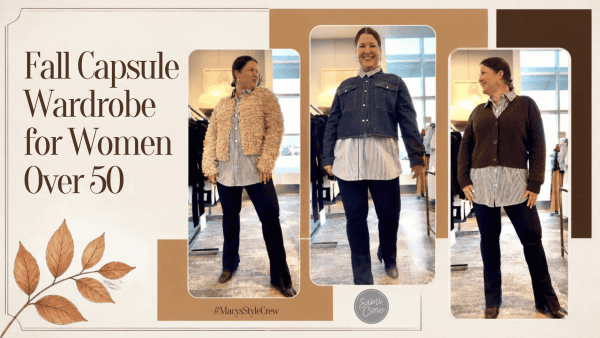 Fall capsule wardrobe for women over 50 featuring striped shirt, denim jacket and brown cardigan from Macy’s