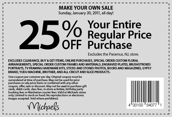 Michael's coupon. 20% off entire purchase including sale items