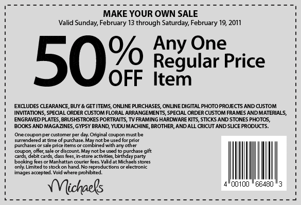 Michael's 50% off 1 regular item (Printable coupon) Ends July 14 