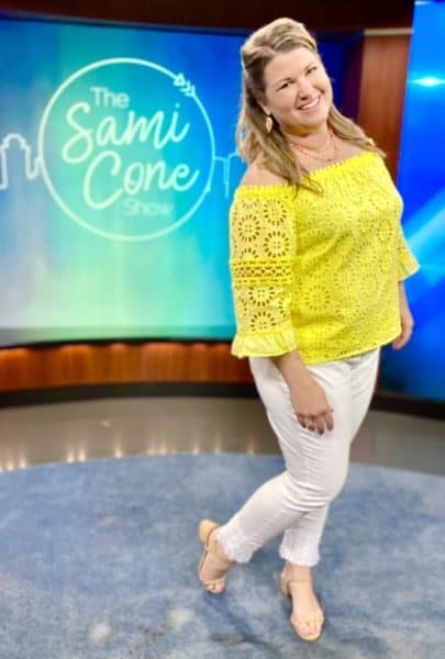 Sami Cone April 2021 Lilly Pulitzer yellow eyelet top
