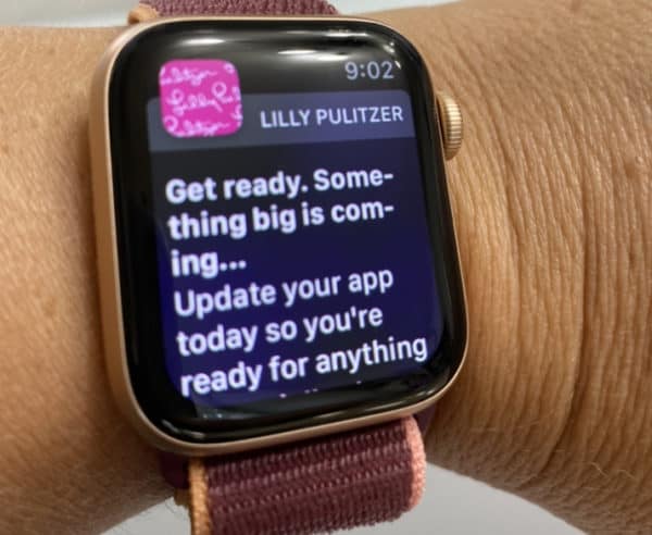 Lilly Pulitzer App notification on Apple Watch before Sunshine Sale