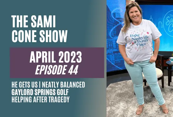 Sami Cone in Bake Nashville a Better Place shirt standing on the set of The Sami Cone Show April 2023