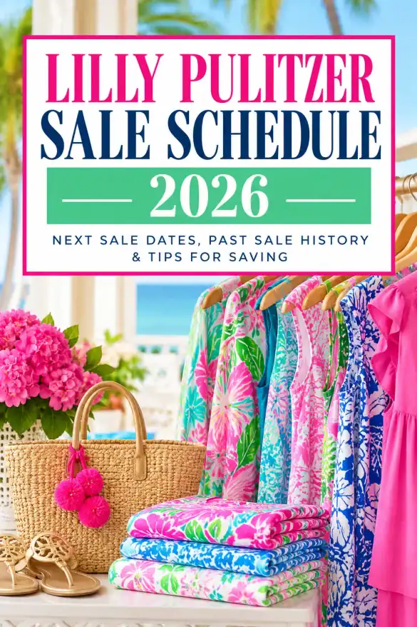 Lilly Pulitzer sale schedule 2026 with colorful tropical-print dresses, accessories, and upcoming sale information